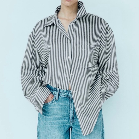 H&M Oversized shirt, grey and white, size M - Picture 2 of 7